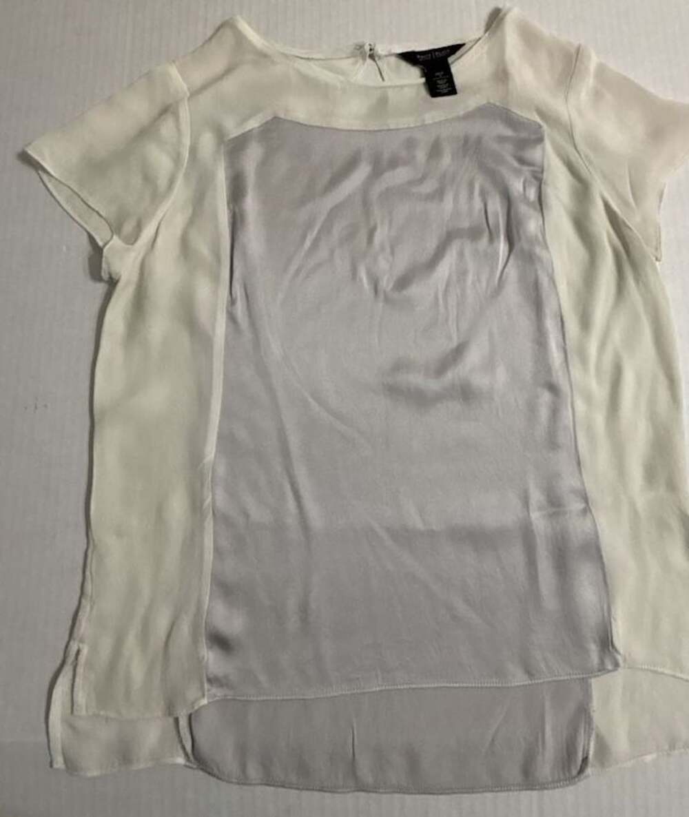 White House Black Market Silk Blouse Size 2 White Gray Short Sleeve Panel Top